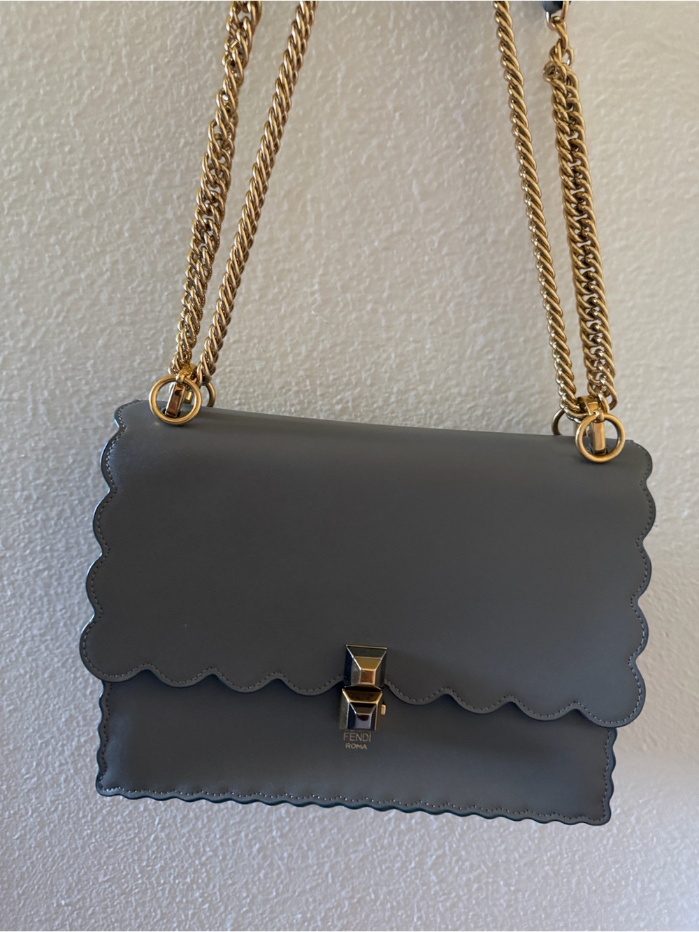 Fendi Gray Scalloped Leather Crossbody with Gold Chain